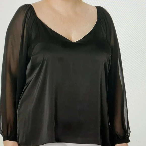 City Chic Tops - City Chic Black Satin Body with Sheer Long Sleeve Scoop Neck Blouse